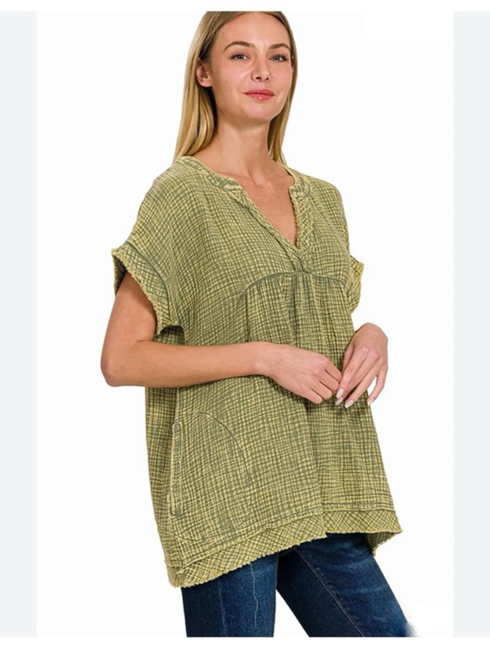 Zenana Green Cotton Gauze Blouse Tunic pockets size Small-Large